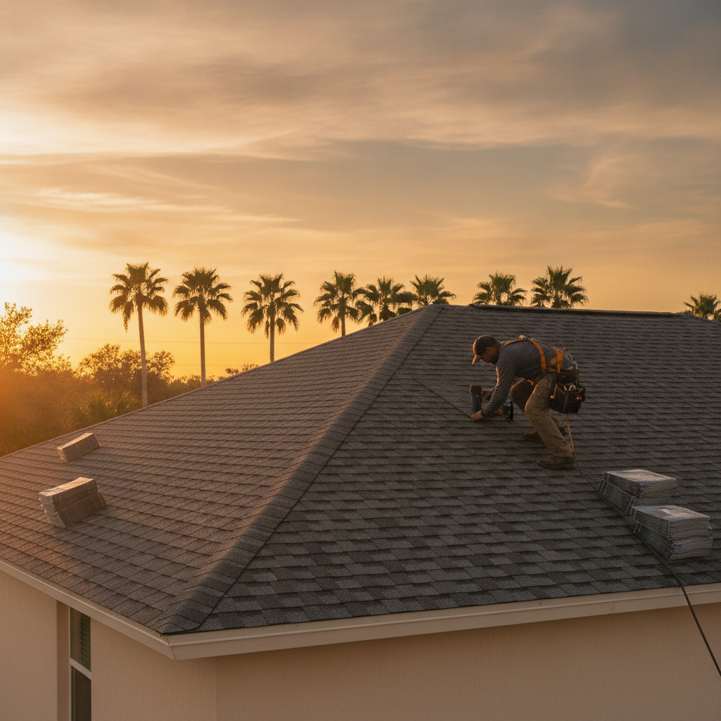 Roofer working on a Florida residential roof at golden hour